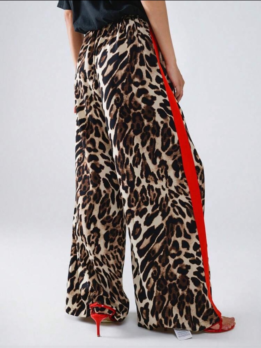 SHEIN Leopard Wide-Leg Pants with Red Side Stripe
